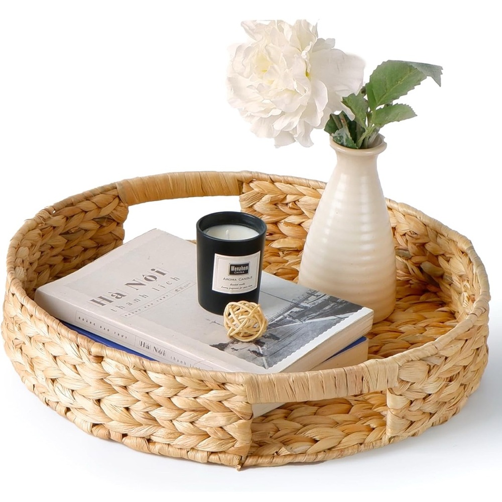 Round Wicker Serving Tray with Built-in Handles